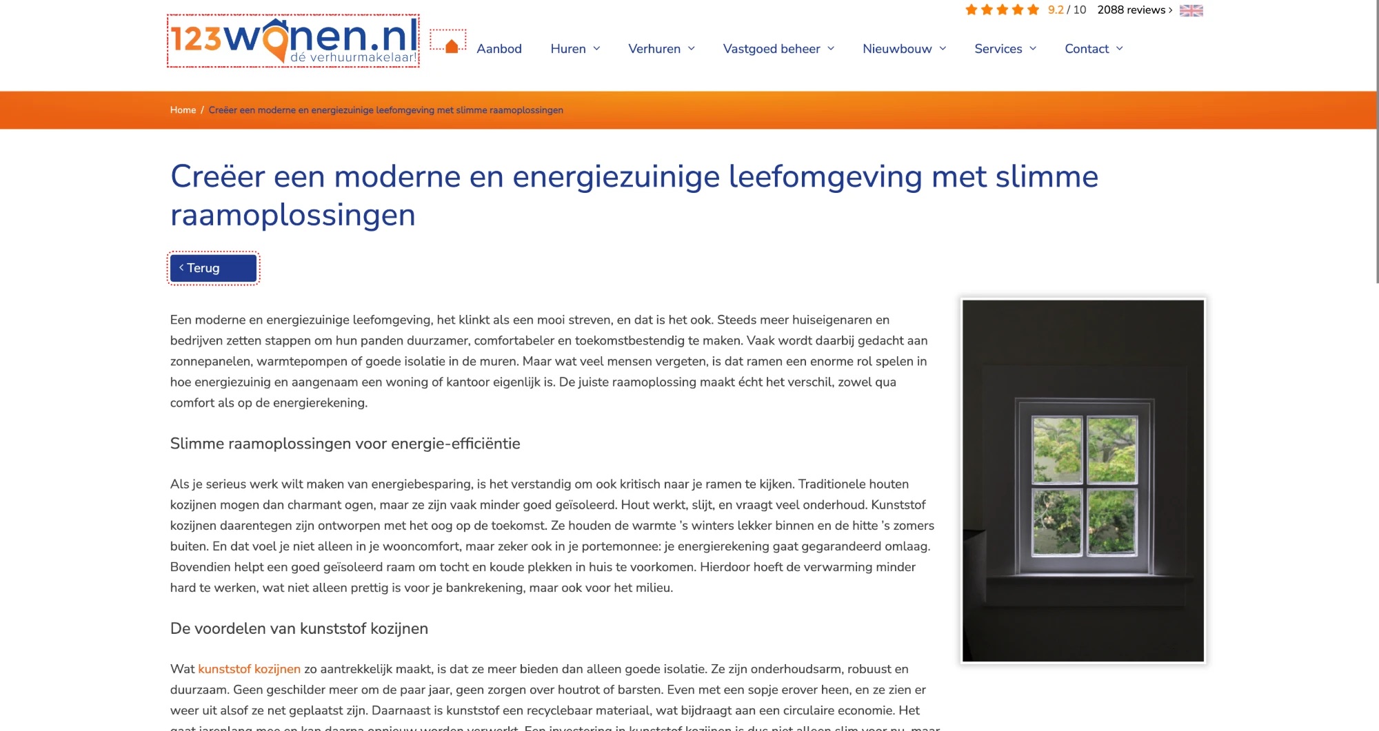 Screenshot of the 123wonen.nl article, where the words kunststof kozijnen link to a window webshop