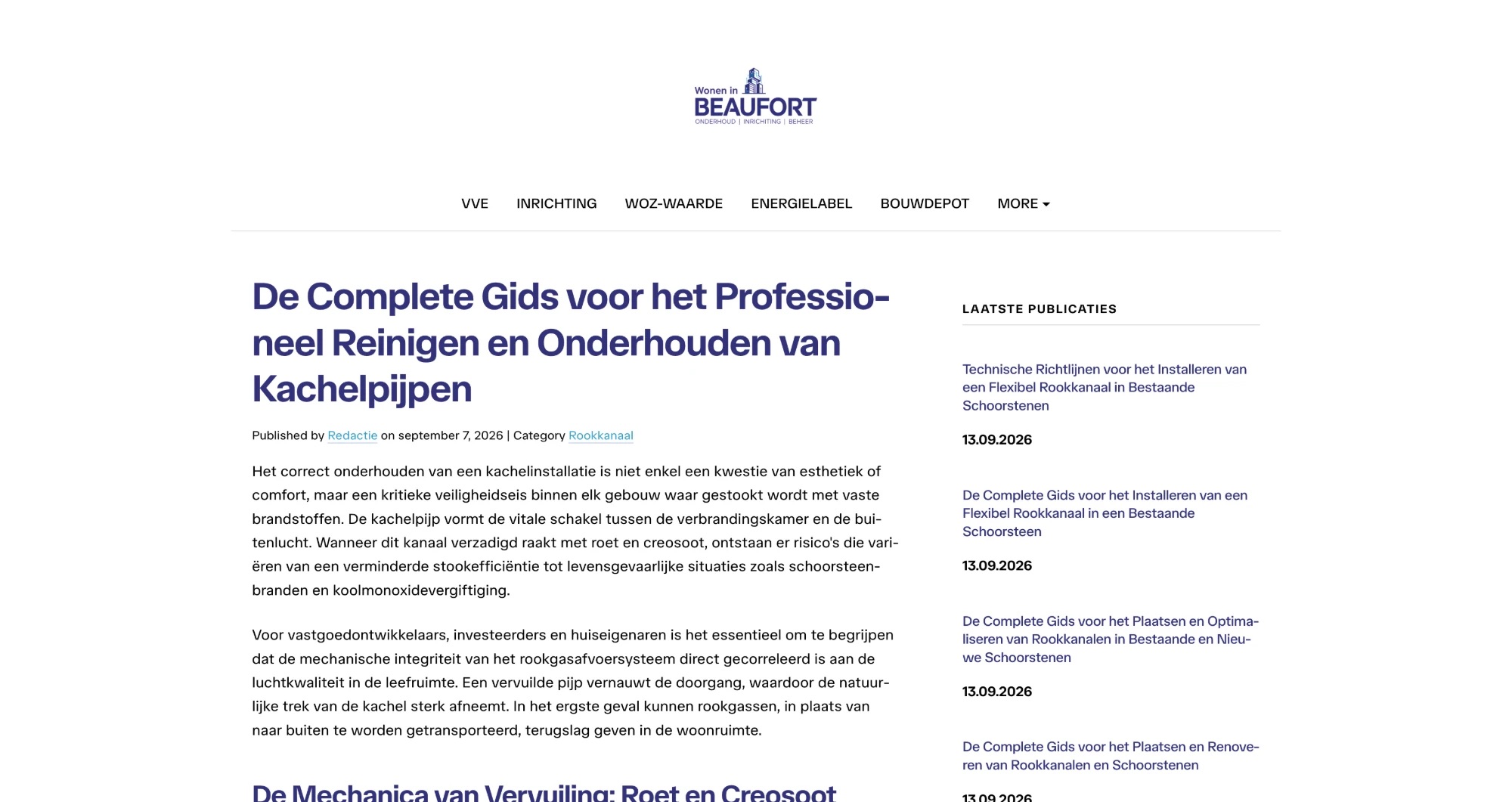 Screenshot of woneninbeaufort.nl with a Complete Guide to cleaning stove pipes, and a sidebar of near-identical Complete Guide articles all from the same day
