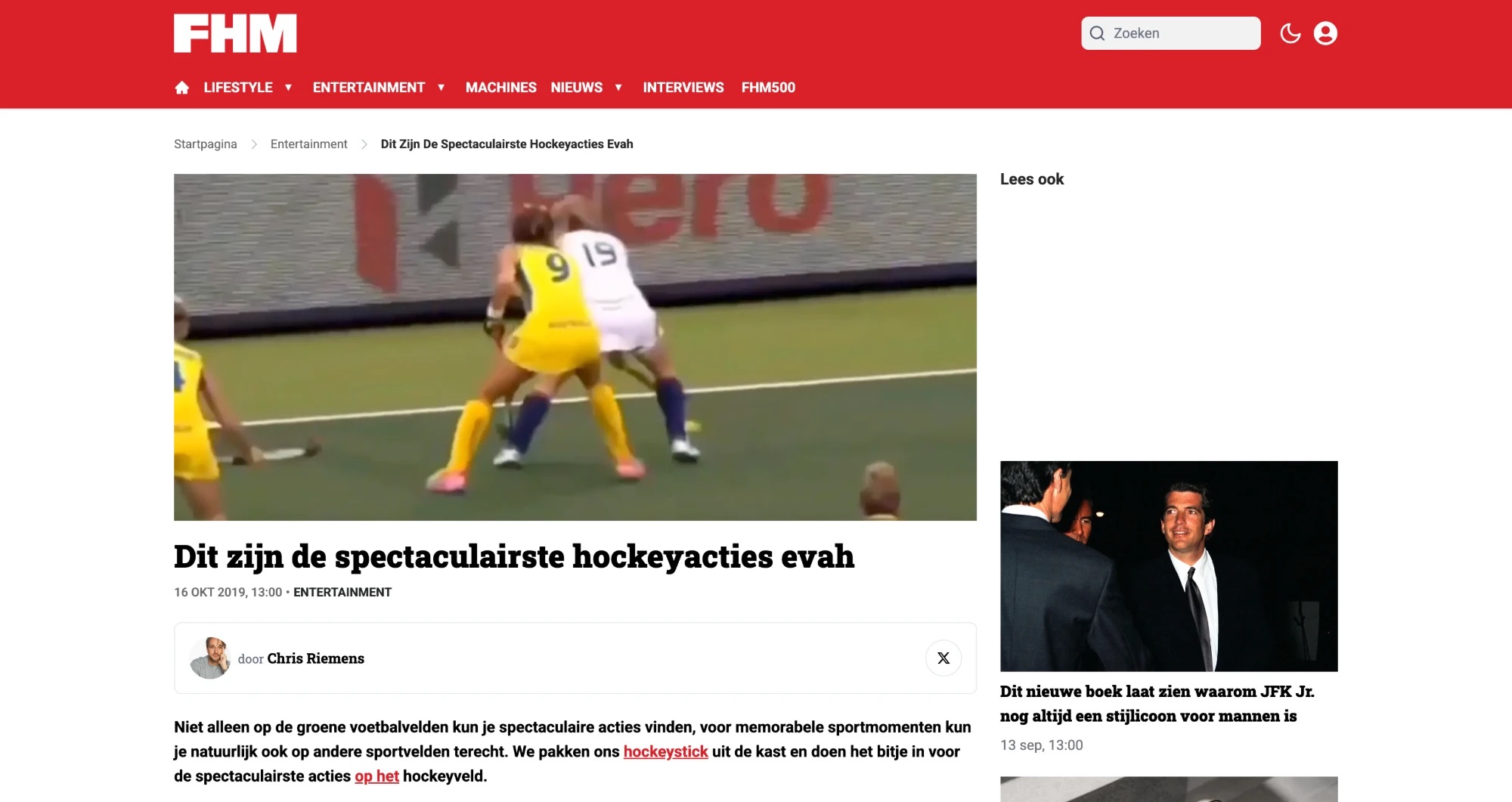 Screenshot of the FHM.nl article about hockey, where the word hockeystick links to a hockey shop